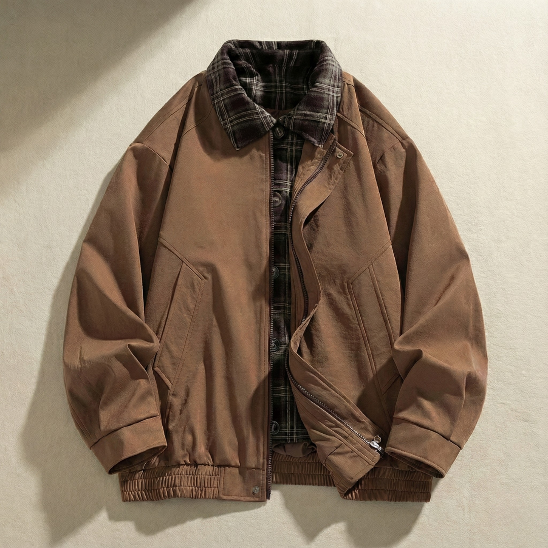 Rugged Men's Layered Jacket with Plaid Details