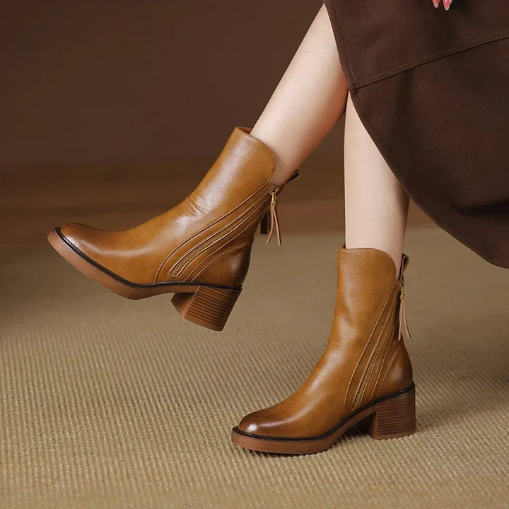 Elegant Women's Genuine Leather Ankle Boots with Block Heel