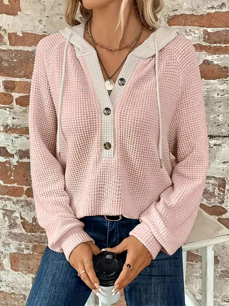 Women's Long Sleeve Hoodie with Front Buttons - Soft Waffle Knit Texture and Adjustable Hood