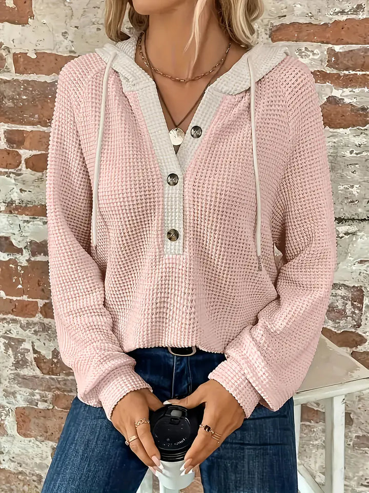 Women's Long Sleeve Hoodie with Front Buttons - Soft Waffle Knit Texture and Adjustable Hood