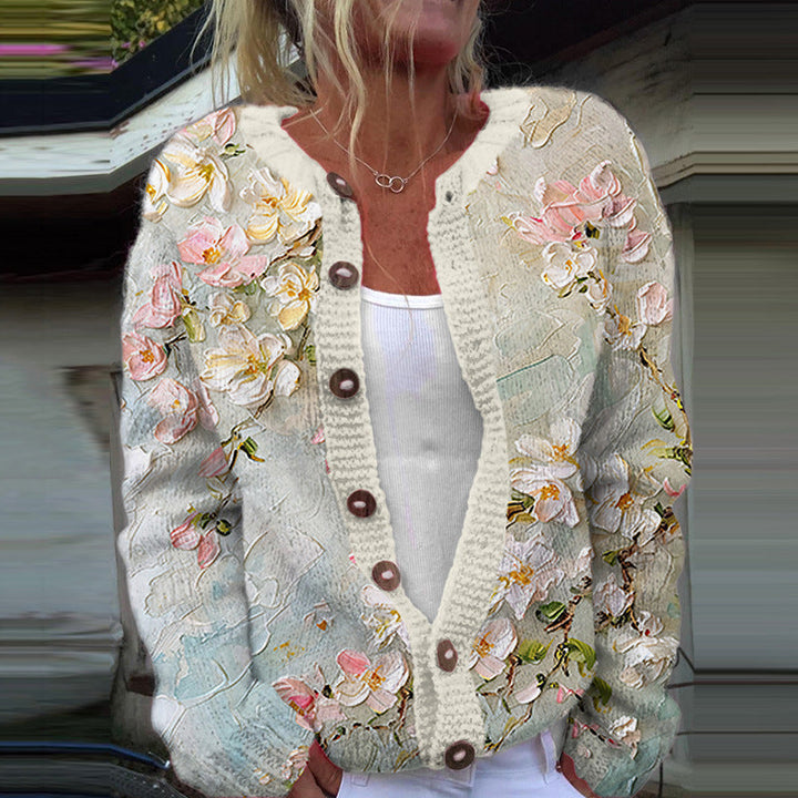 Elegant Women's Knit Cardigan with Vintage Floral Pattern