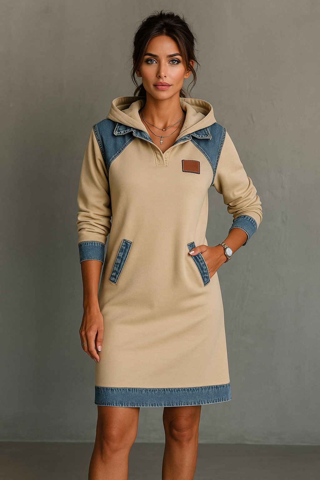Women's Casual Hoodie Dress with Denim Inserts