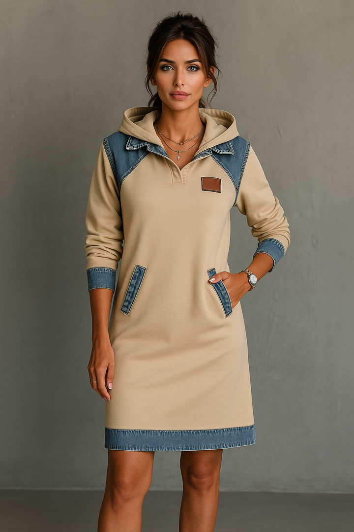 Women's Casual Hoodie Dress with Denim Inserts