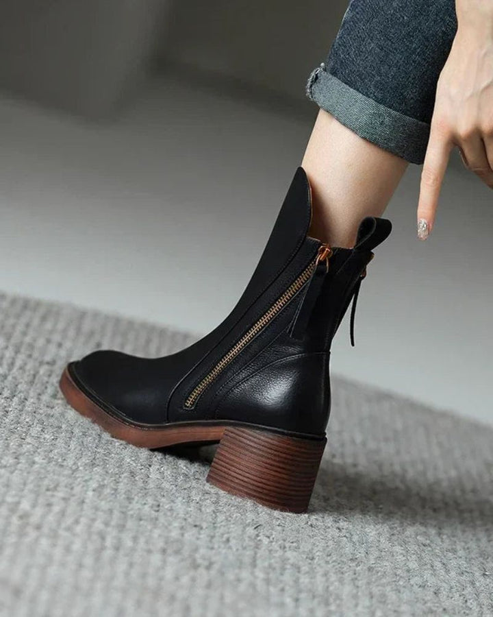 Elegant Women's Leather Ankle Boots with Block Heel - Comfortable Ankle Boots