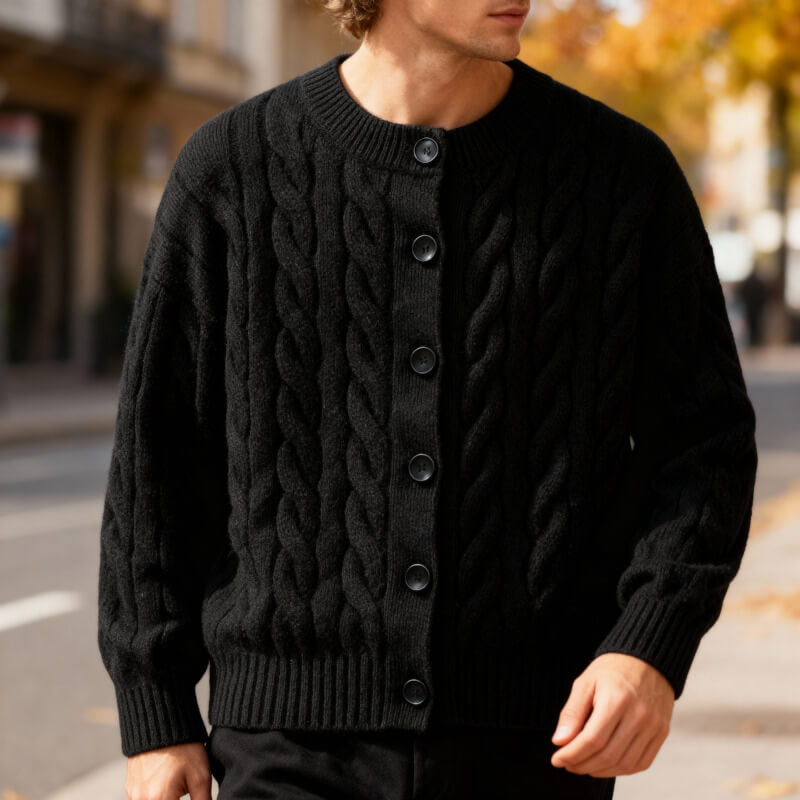 Classic Men's Cable Knit Cardigan with Button Placket