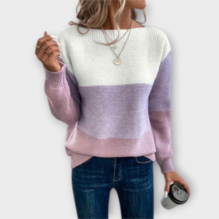 Women's Three-Color Patchwork Sweater - Elegant Knit Pullover with Modern Design