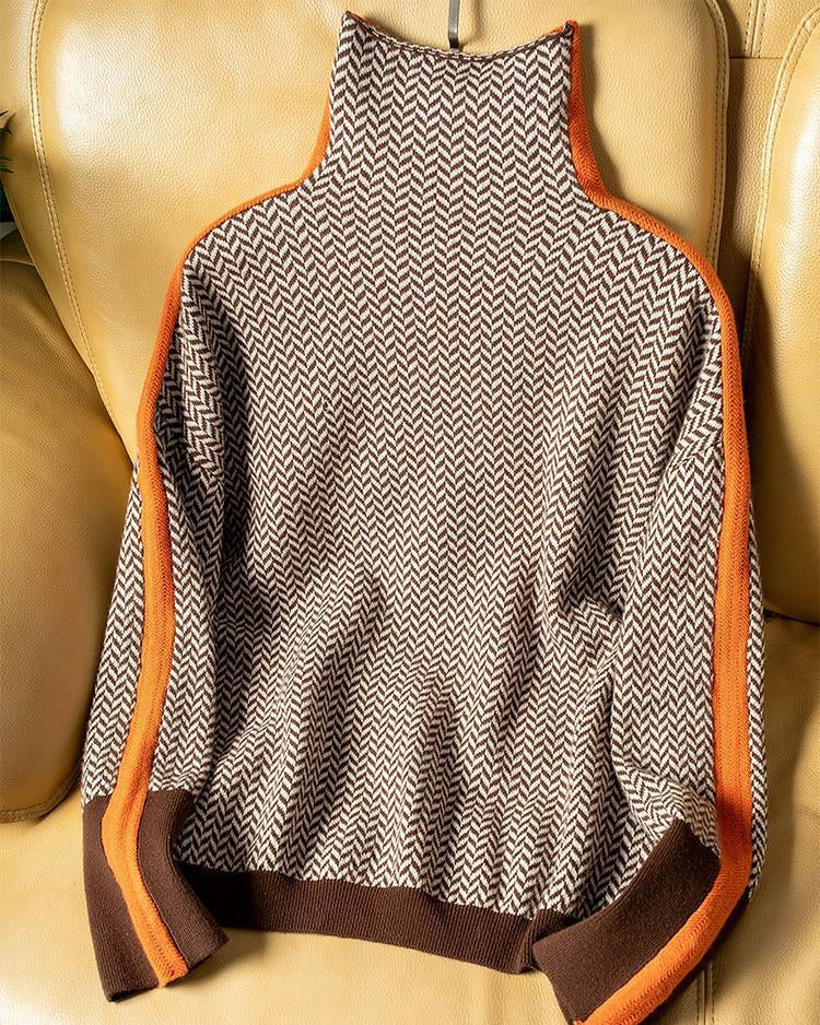 Women's Turtleneck Sweater with Geometric Pattern - Elegant Knit Pullover