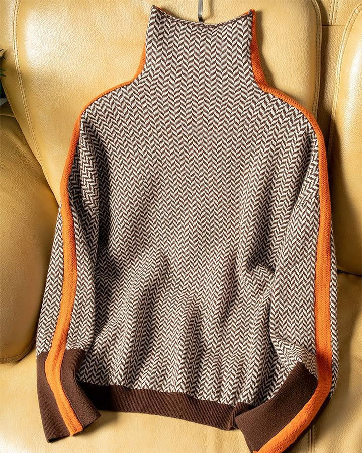 Women's Turtleneck Sweater with Geometric Pattern - Elegant Knit Pullover
