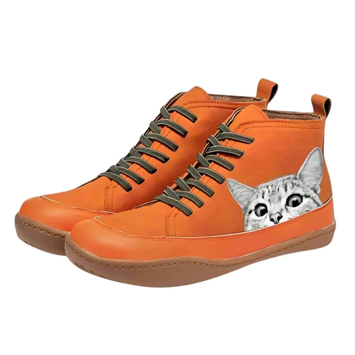 Women's Leather Ankle Boots with Cat Design - Warm-Lined Winter Boots
