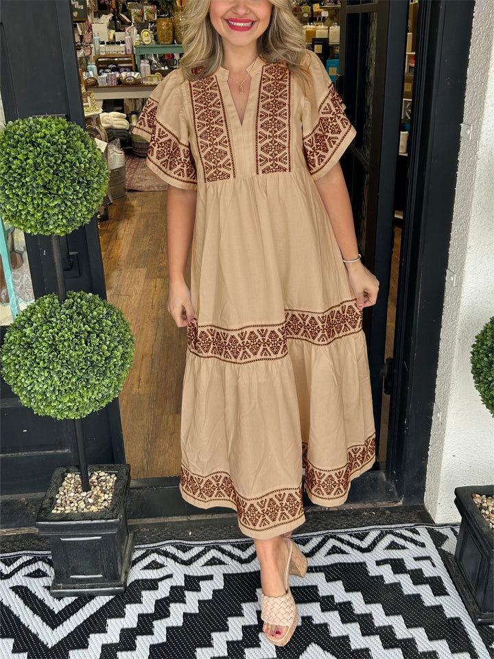Elegant Bohemian V-Neck Women's Midi Dress