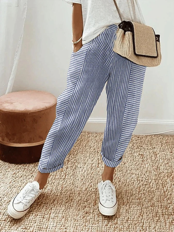 Lightweight Striped Women Cropped Summer Pants