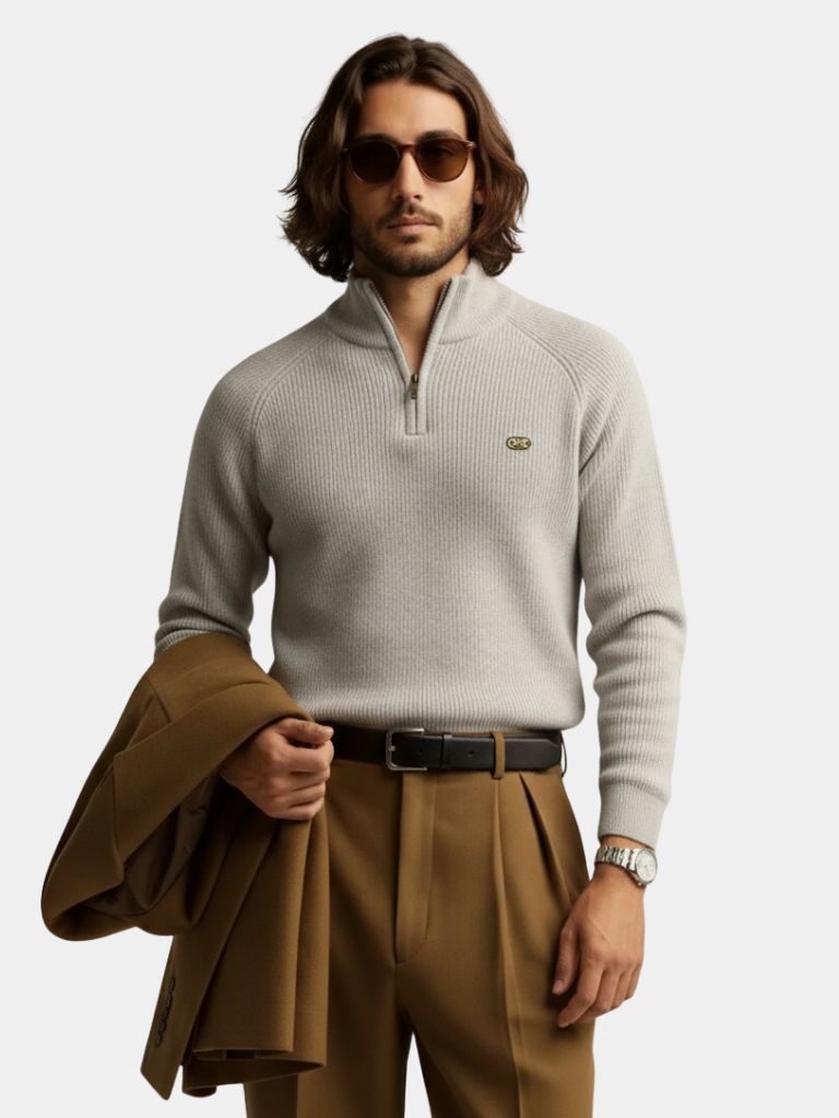 Elegant Men's Quarter-Zip Pullover with Embroidery - Premium Cotton