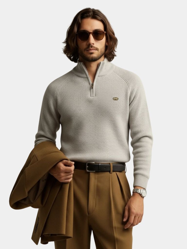 Elegant Men's Quarter-Zip Pullover with Embroidery - Premium Cotton