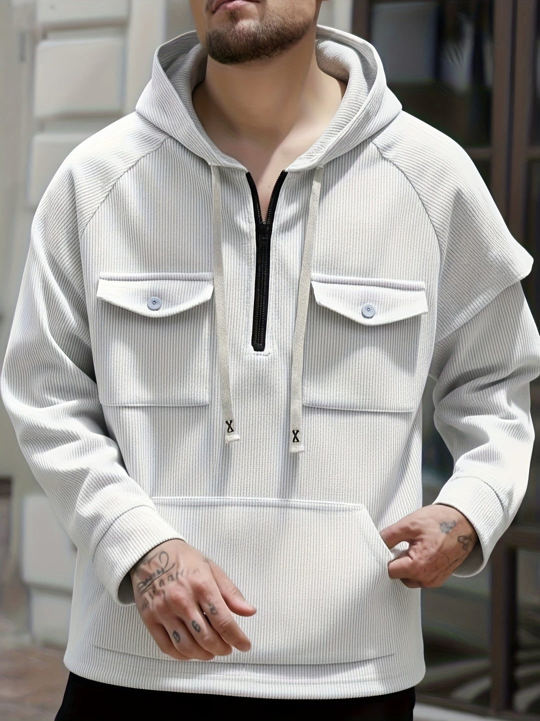 Men's Quarter-Zip Hoodie with Chest Pockets