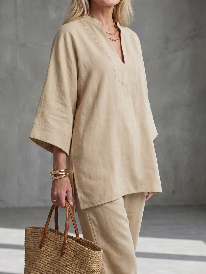 Elegant Relaxed Women's V-Neck Tunic & Gathered Trouser Set