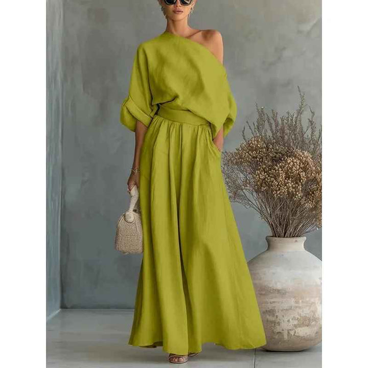 Relaxed Off-Shoulder Women's Linen Set with Tapered Pants