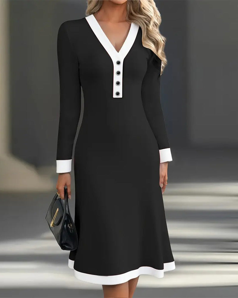 Elegant Long-Sleeve V-Neck Women's Midi Dress