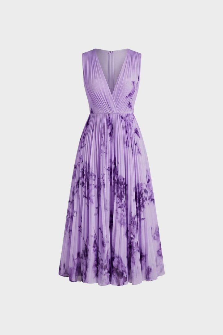 Elegant Pleated Women's Midi Dress with V-Neck