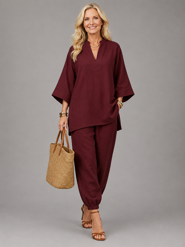 Elegant Relaxed Women's V-Neck Tunic & Gathered Trouser Set
