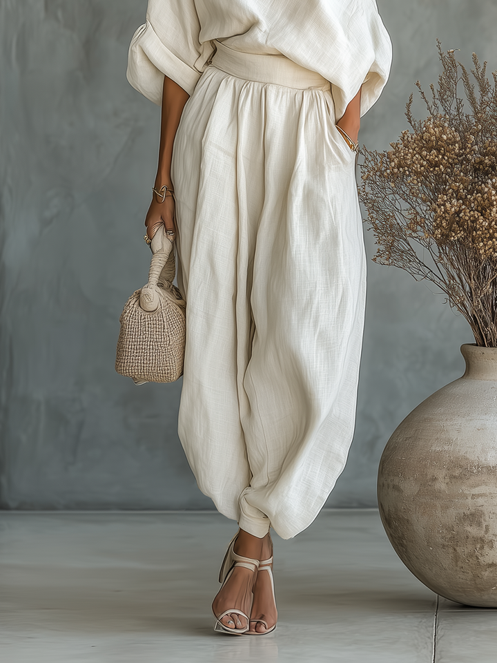 Relaxed Off-Shoulder Women's Linen Set with Tapered Pants