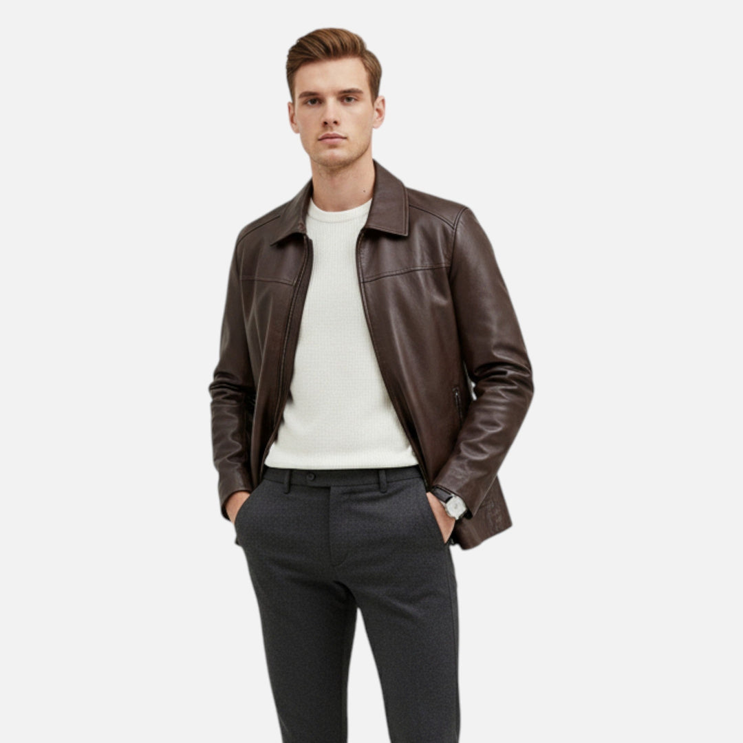 Elegant PU Leather Men's Jacket with Stand Collar