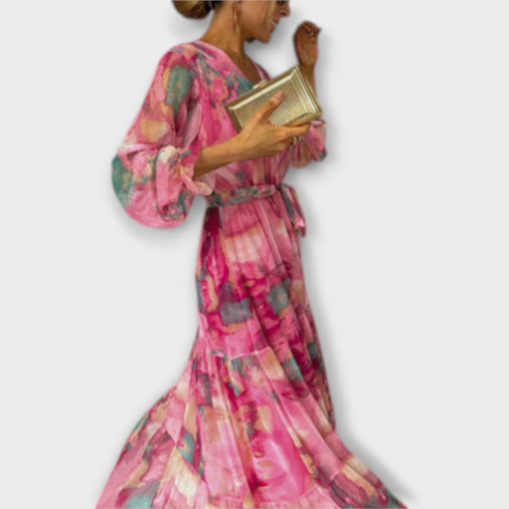 Elegant Women's Maxi Dress with Watercolor Pattern - Feminine Design for Special Occasions