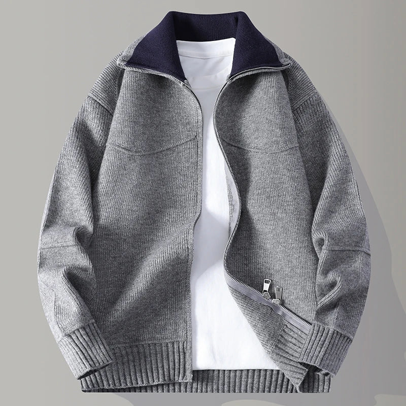 Men's Knit Zip Cardigan with Mock Neck for Business and Casual Wear