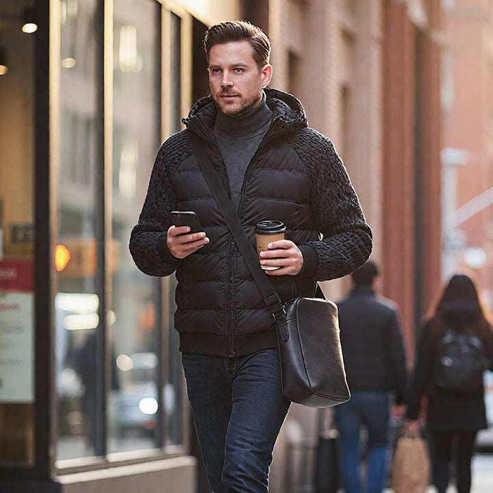 Men's Windproof Quilted Jacket with Knit Sleeves and Down Insulation