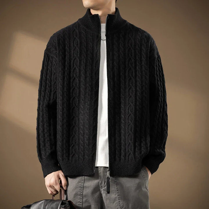 Men's Zip Cardigan with Textured Knit - High Collar