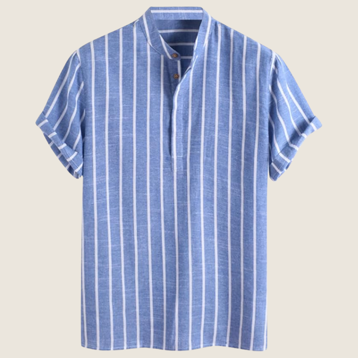 Stylish Striped Men's Short Sleeve Stand Collar Shirt