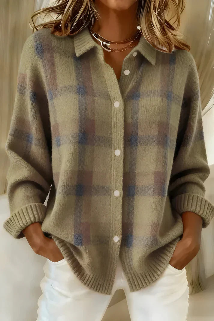Women's Plaid Knit Blouse with Button Placket