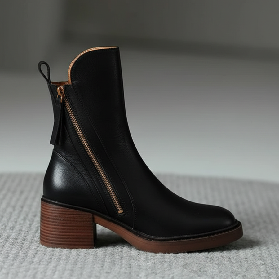 Elegant Women's Leather Ankle Boots with Block Heel - Comfortable Ankle Boots