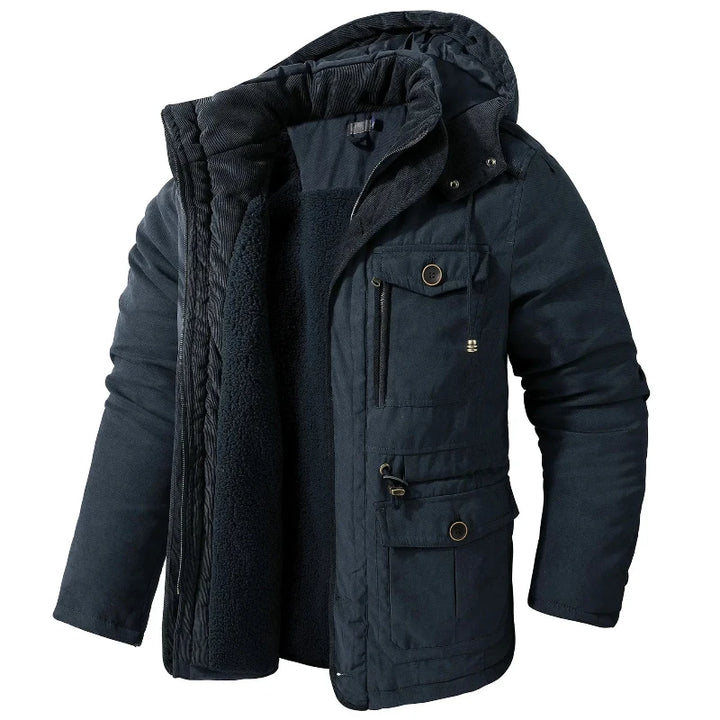 Rugged Men's Winter Jacket with Fleece Lining - Tactical Pockets and Utility Zippers