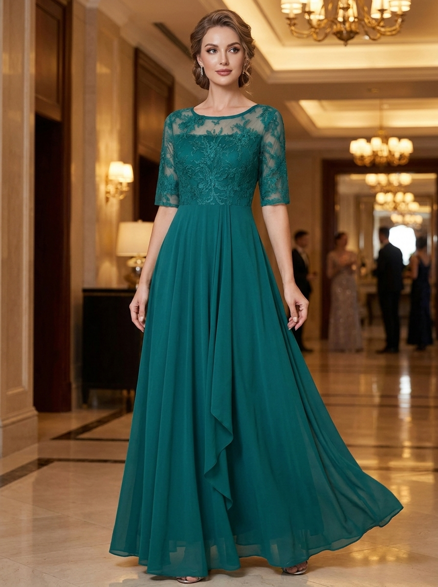 Elegant Festive Women's Chiffon Maxi Dress with Lace Bodice and 3/4 Sleeves