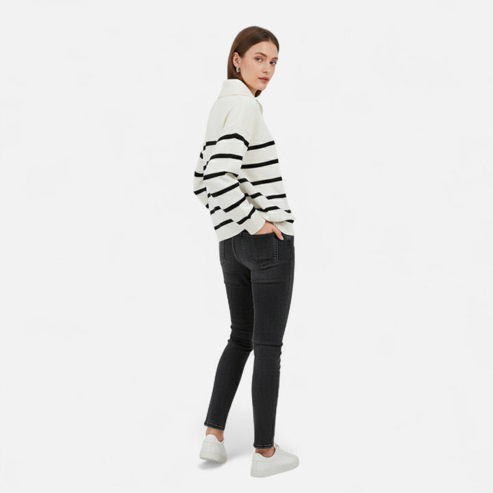 Women's Striped Polo Sweater with Half-Zip - Elegant Fall Fashion