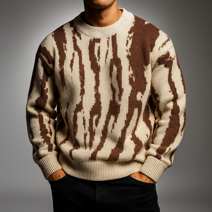 Men's Abstract Dune Pattern Knit Sweater - Crewneck Midweight Knit Pullover