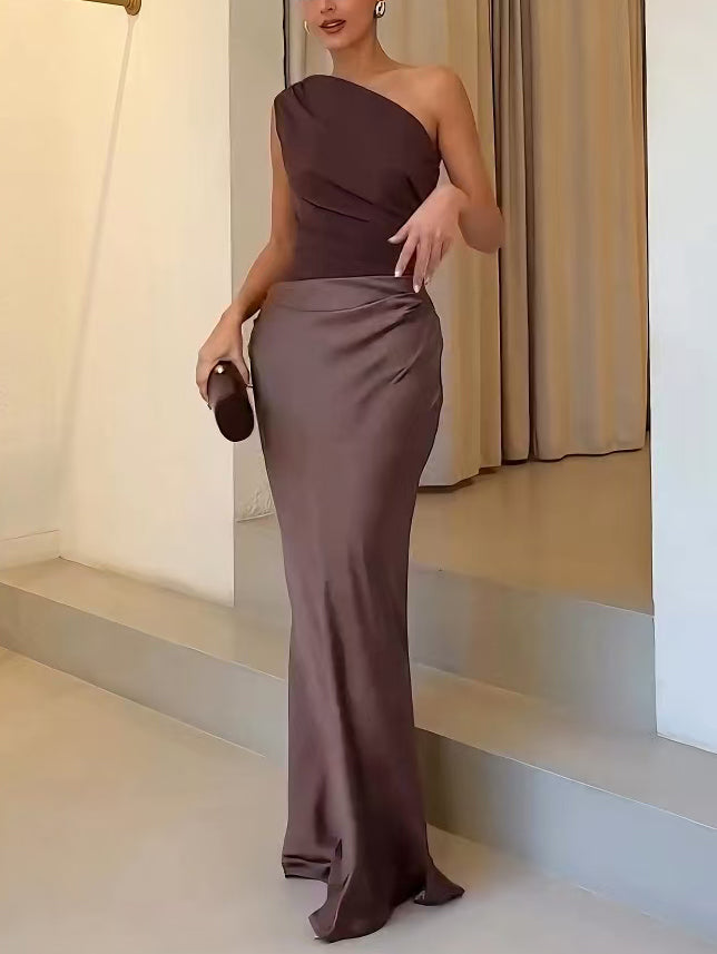 Elegant One Shoulder Pleated Women's Party Maxi Dress