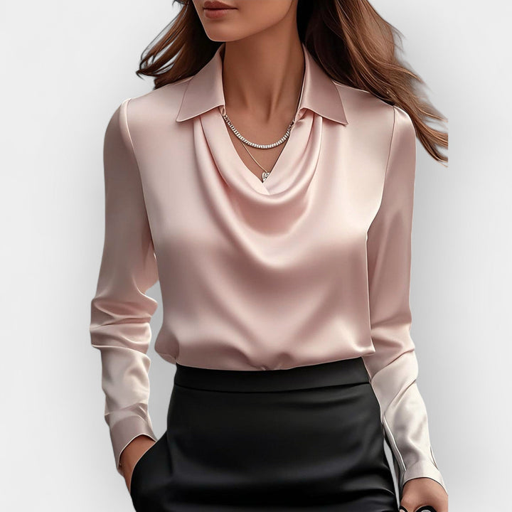 Elegant Women's Satin Blouse with Waterfall Collar - Refined Blouse for Business and Special Occasions