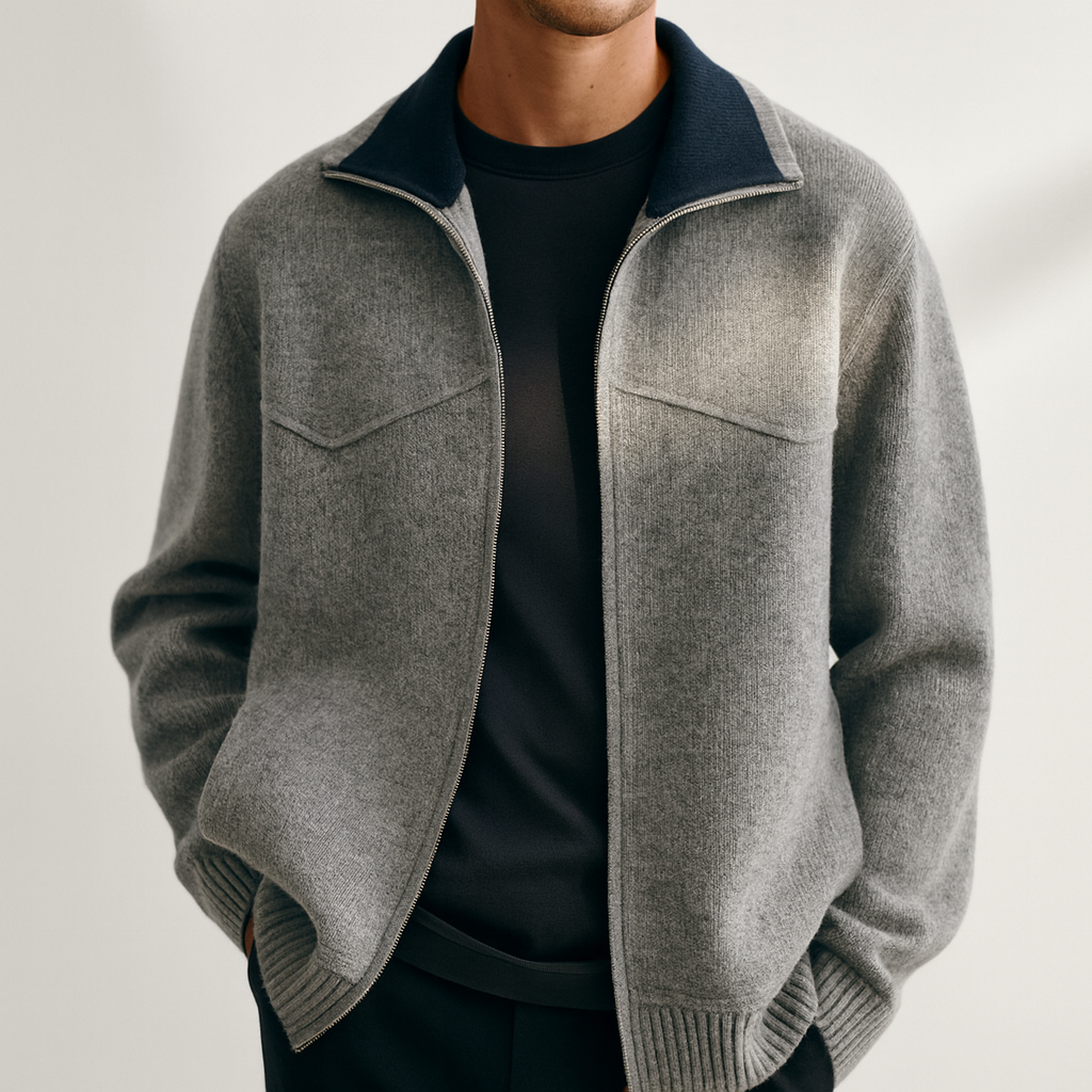 Men's Knit Zip Cardigan with Mock Neck for Business and Casual Wear