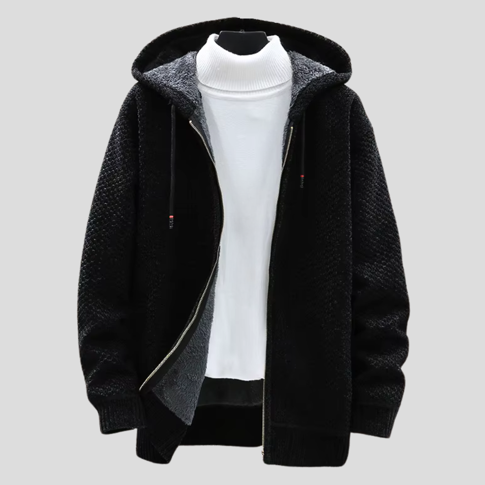 Men's Knit Hoodie with Fleece Lining and Zipper