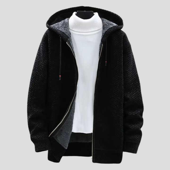 Men's Knit Hoodie with Fleece Lining and Zipper