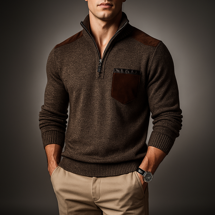 Men's Quarter-Zip Pullover with Contrast Details - High Collar and Modern Fit