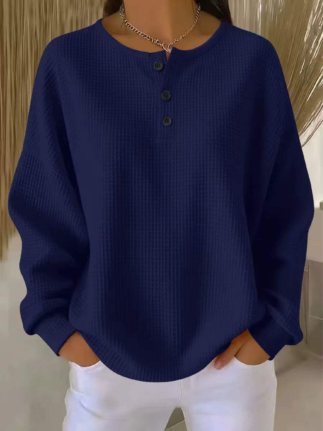 Elegant Women's Henley Sweater with Button Placket - Textured Fabric