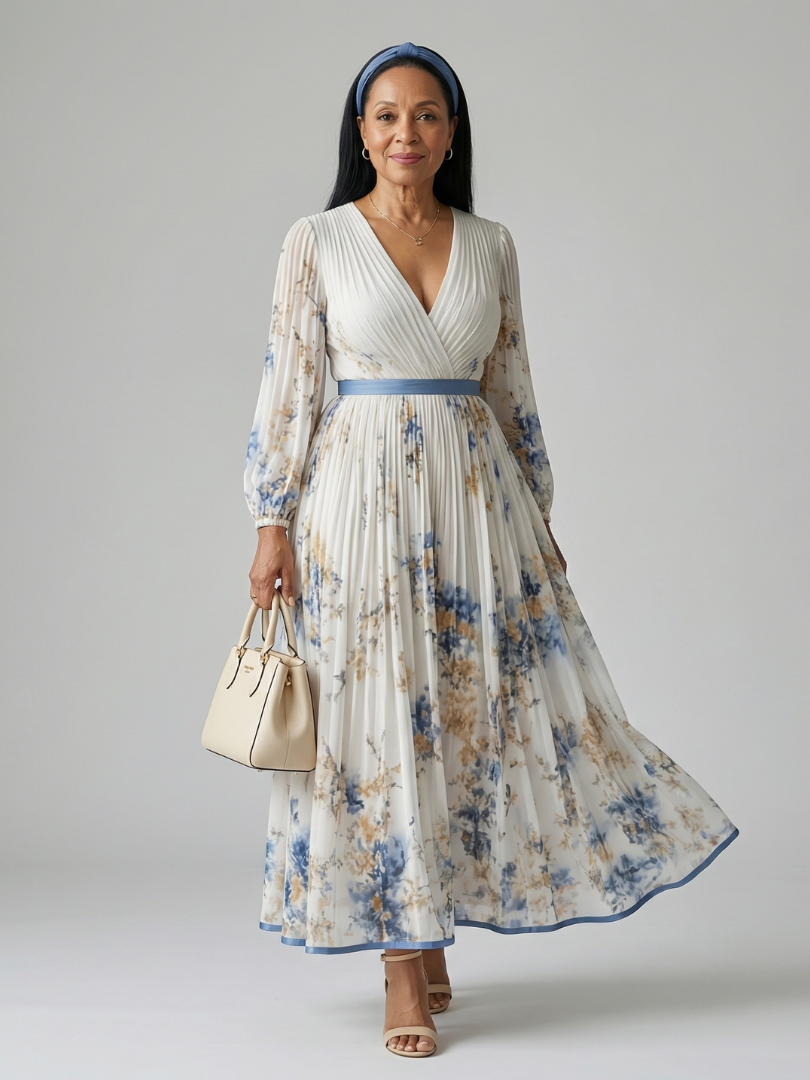 Elegant Pleated Wrap Women's Midi Dress