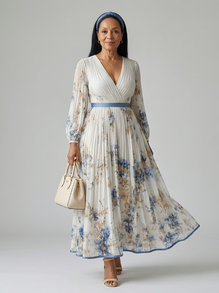 Elegant Pleated Wrap Women's Midi Dress