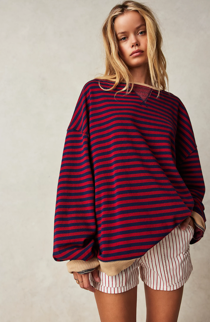 Women's Striped Oversized Sweatshirt - Casual Pullover with Contrast Accents