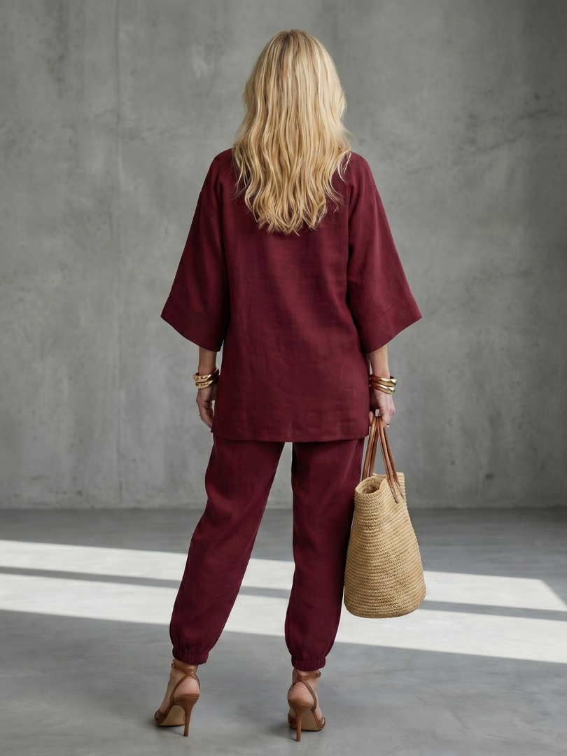 Elegant Relaxed Women's V-Neck Tunic & Gathered Trouser Set