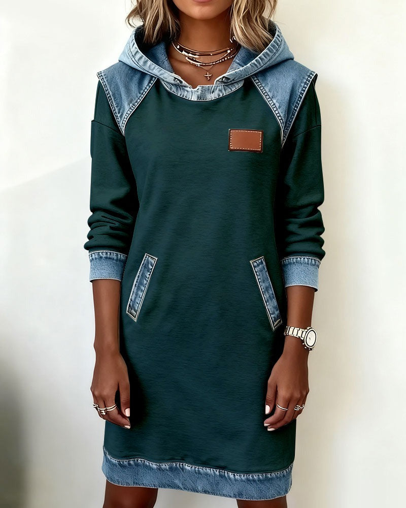 Women's Casual Hoodie Dress with Denim Inserts