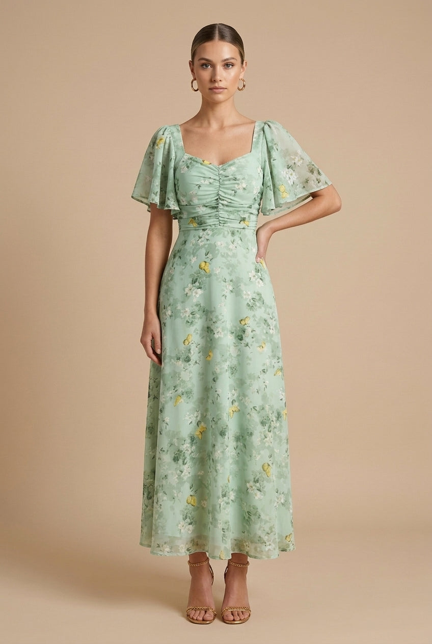Elegant Floral Women's Maxi Dress with Puff Sleeves