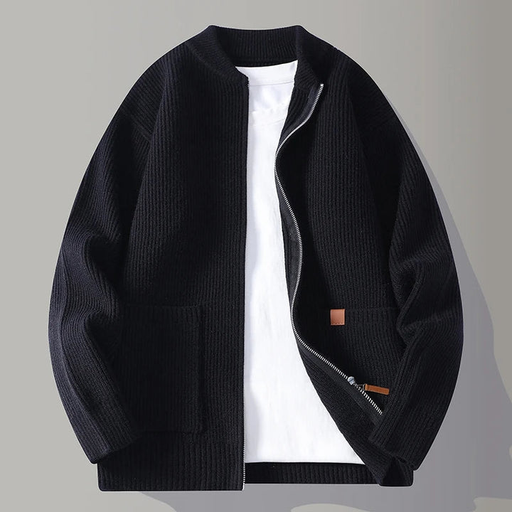Men's Zip-Up Cardigan - Textured Ribbed Knit Design